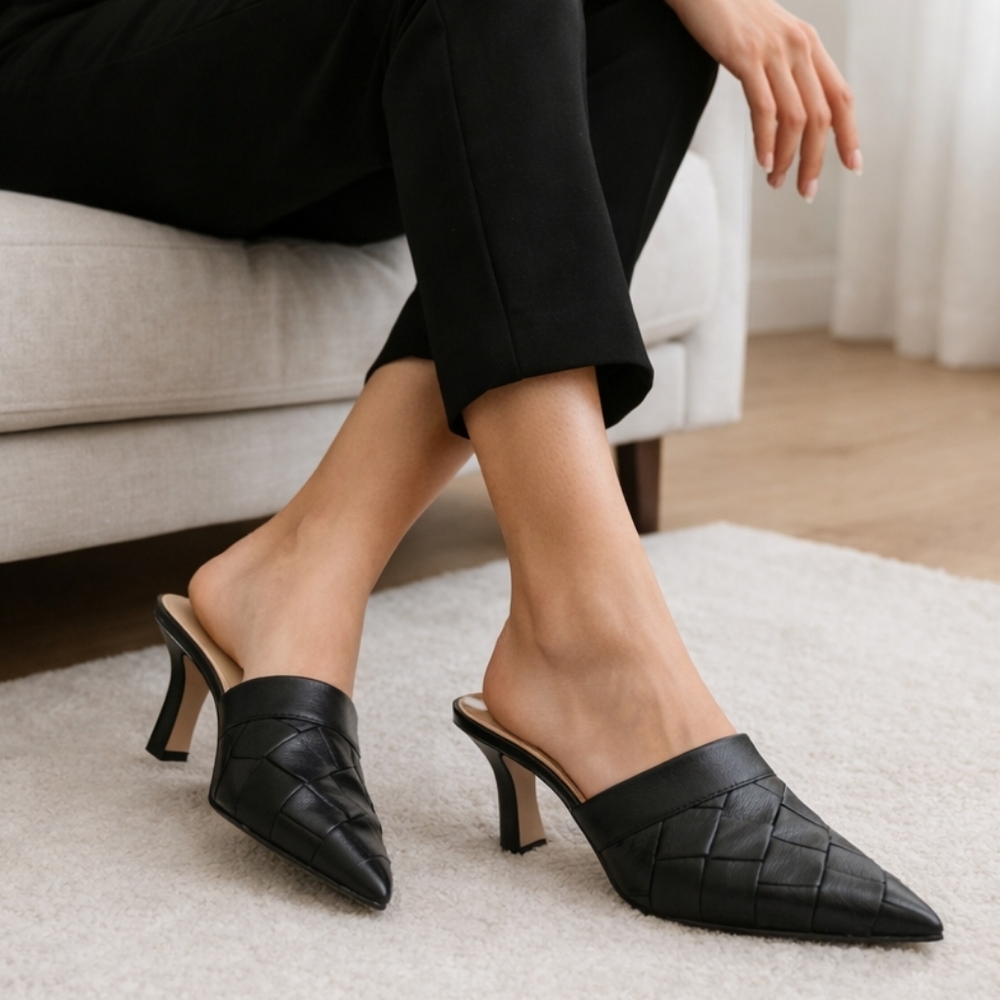 Black Woven Leather Pointed-Toe Mule Heels